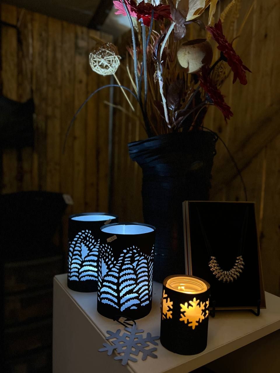 Lanterns glowing on a stall